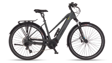Ein graues E-Bike mit tiefem Einstieg, ausgestattet mit Gepäckträger, Schutzblechen und einer Federgabel.