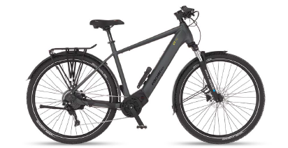 Ein modernes E-Bike mit stabilem Rahmen, Schutzblechen, Gepäckträger und Geländebereifung, ideal für Alltags- und Outdoor-Touren.