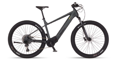 Ein modernes, schwarzes E-Bike mit robustem Rahmen und Geländebereifung, ideal für Mountainbike-Touren.